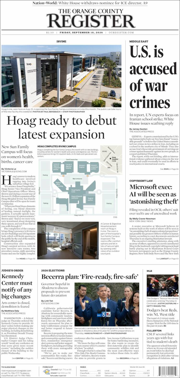 Portada de The Orange County Register (USA)