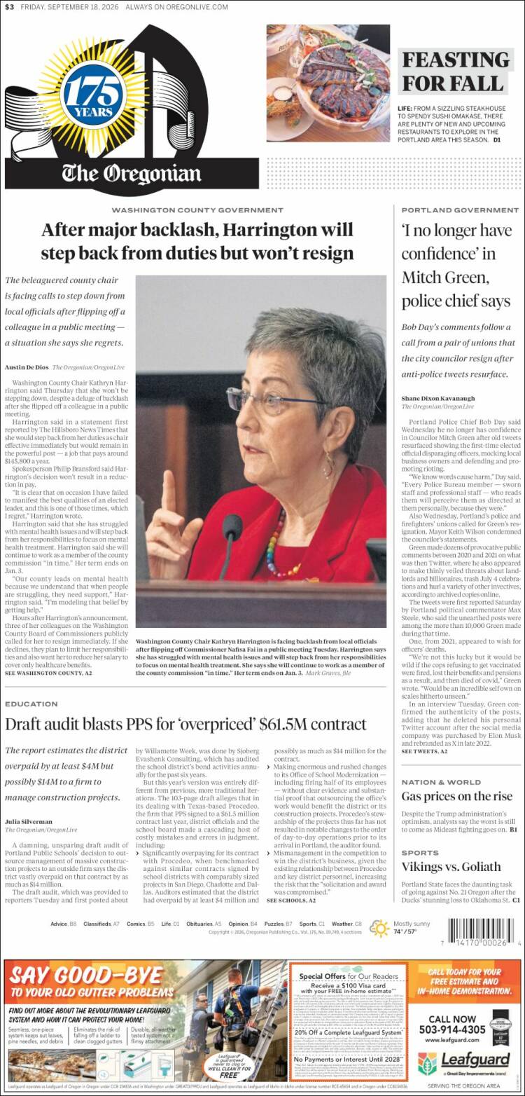 Portada de The Oregonian (USA)