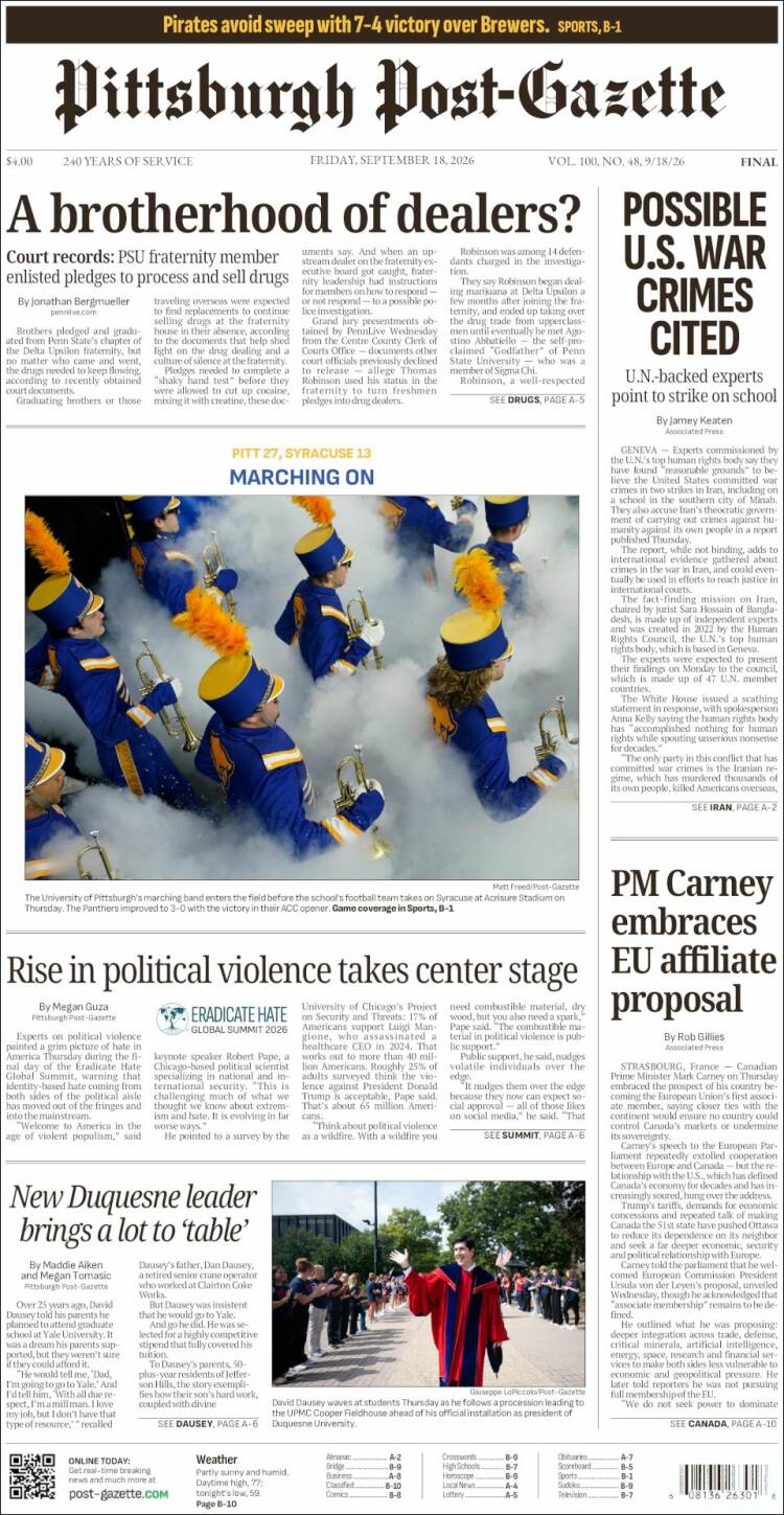 Portada de Pittsburgh Post-Gazette (USA)