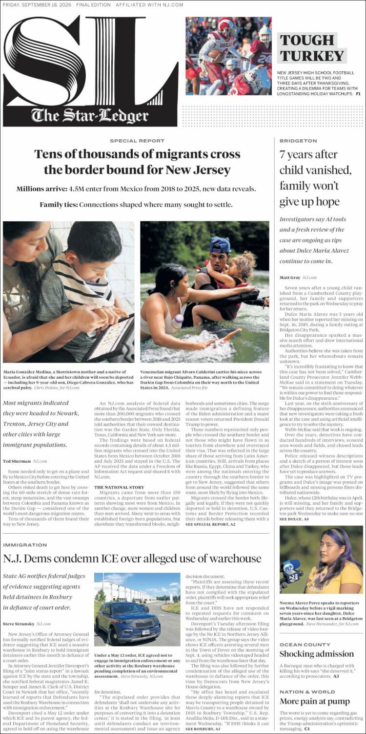 Portada de Star-Ledger (&Eacute;tats-Unis)