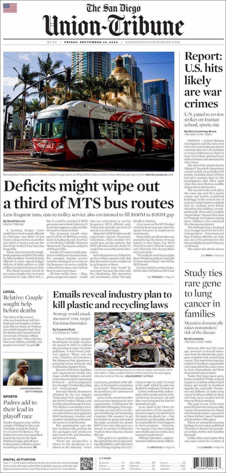 Portada de The San Diego Union-Tribune (USA)