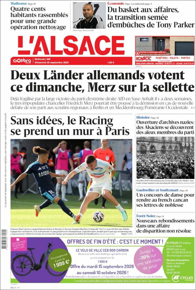 Portada de Journal L'Alsace (Francia)