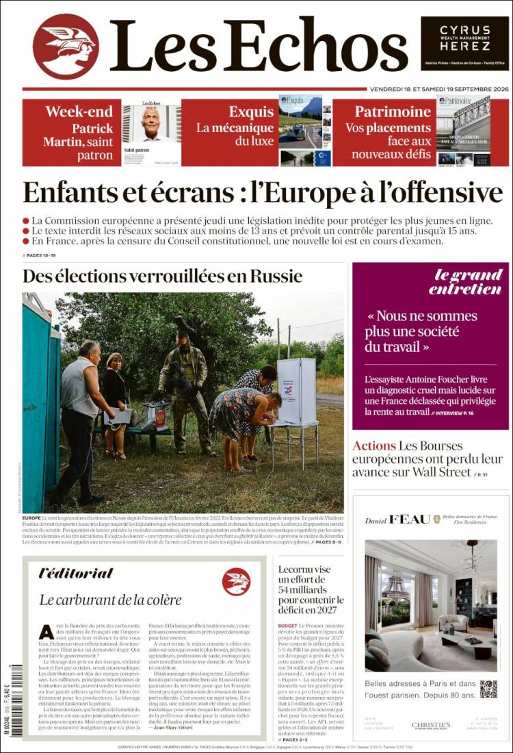 Portada de Les Echos (Francia)
