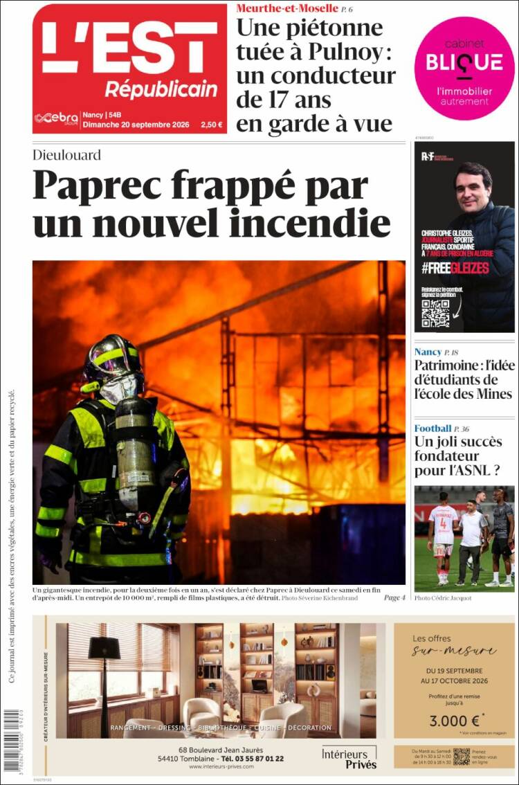 Portada de L'Est Republicain (Francia)