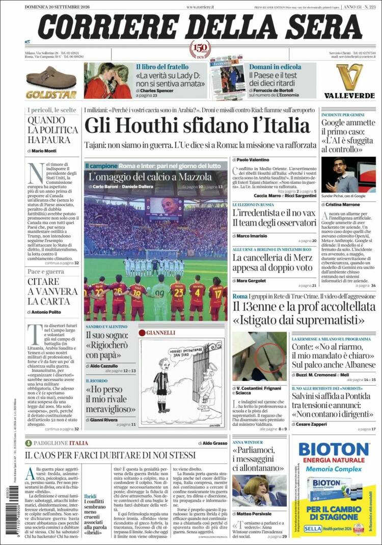 Portada de Corriere della Sera (Italia)