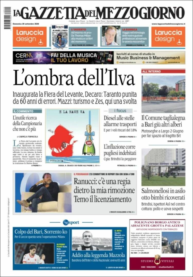 Portada de La Gazzetta del Mezzogiorno (Italia)