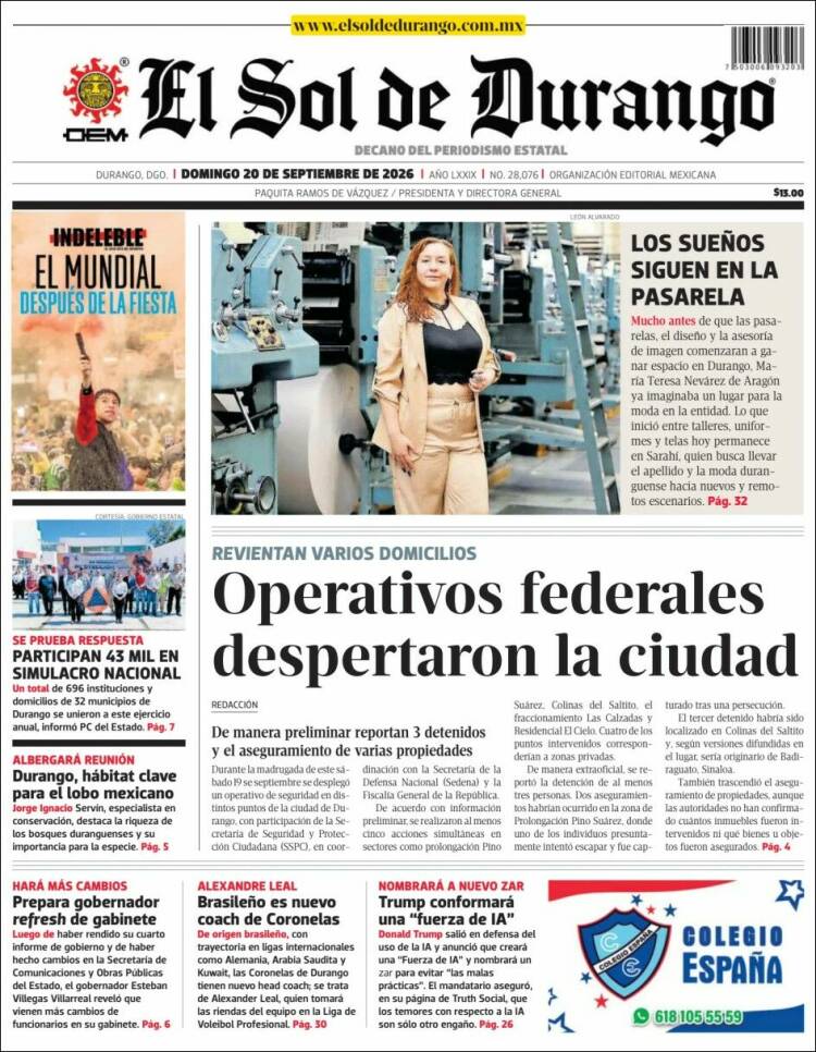 Portada de El Sol de Durango (M&eacute;xico)