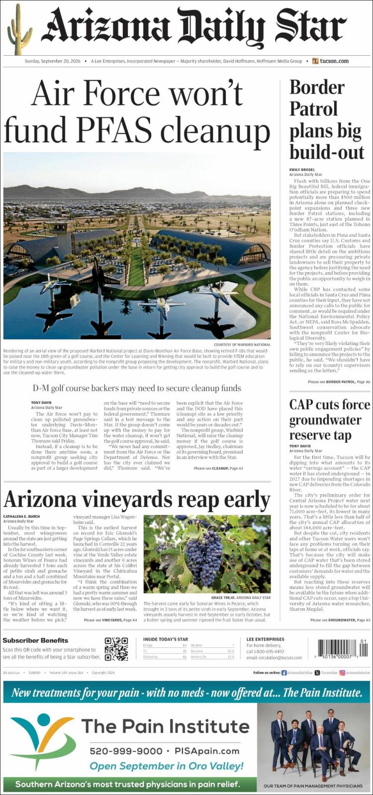 Portada de Arizona Daily Star (USA)