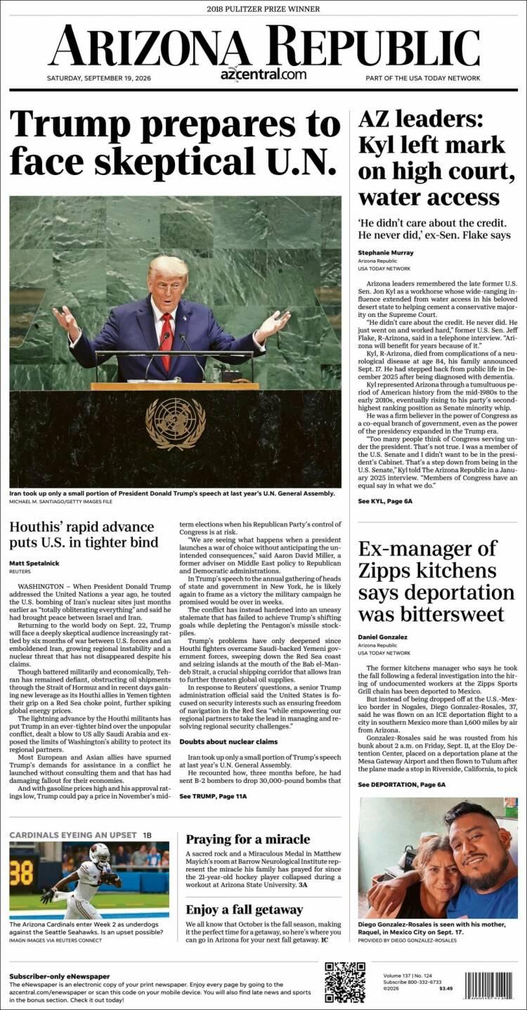 Portada de Arizona Republic News (USA)