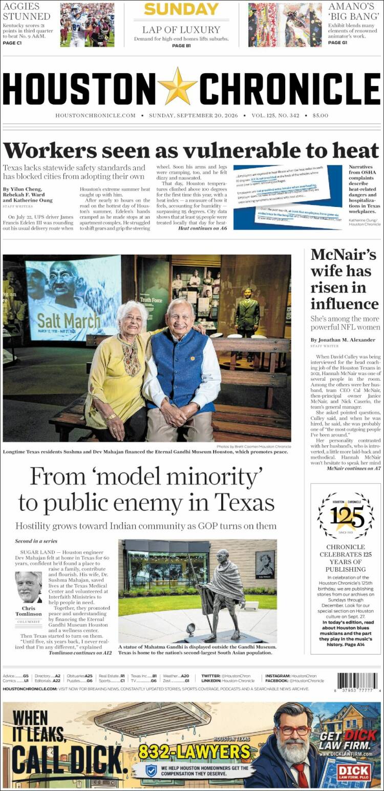 Portada de Houston Chronicle (USA)