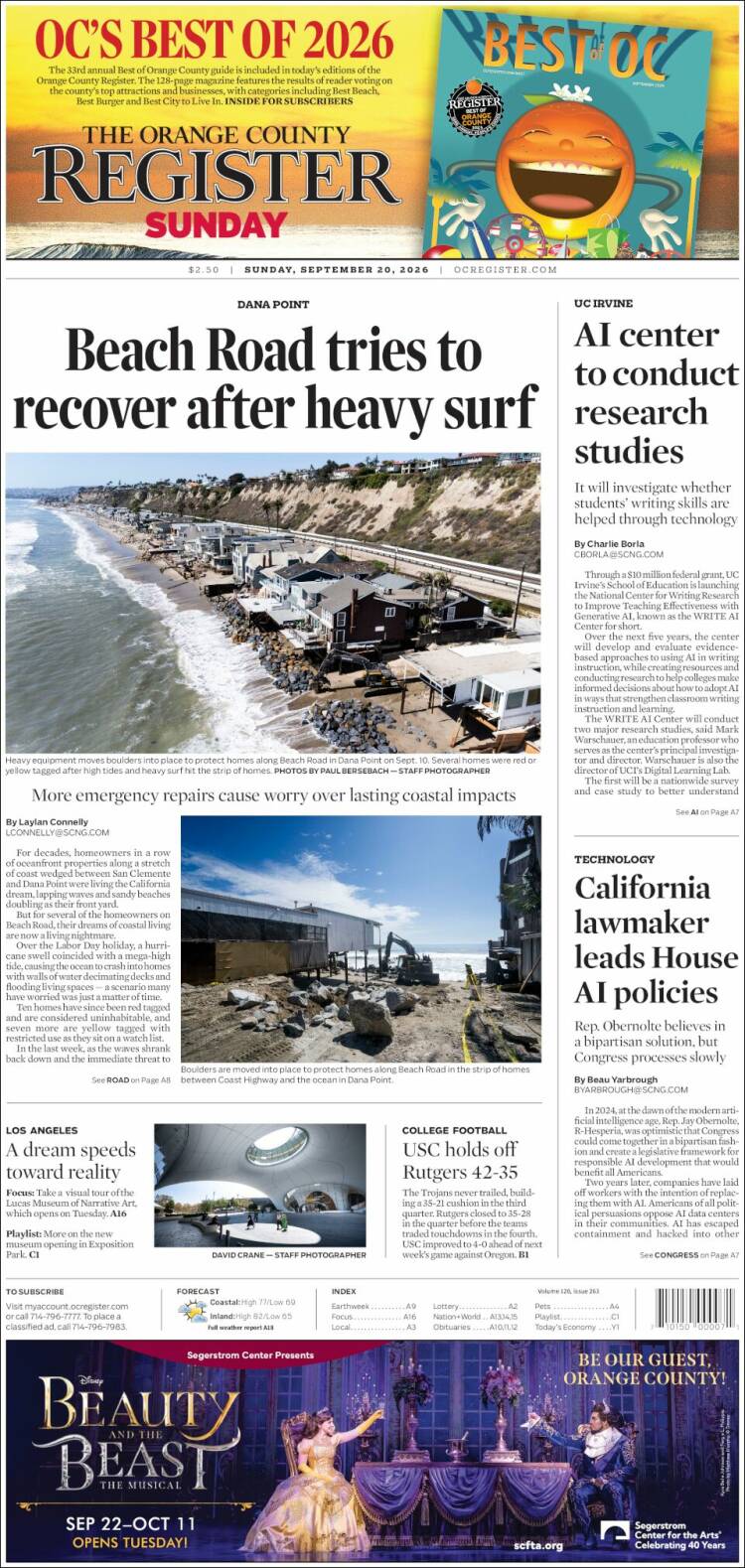 Portada de The Orange County Register (USA)
