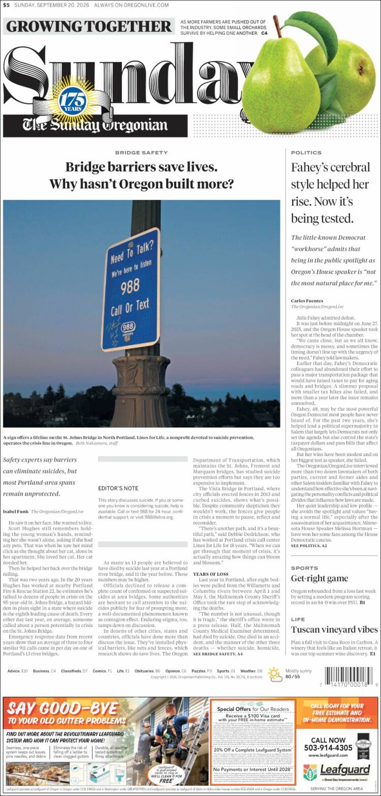 Portada de The Oregonian (USA)