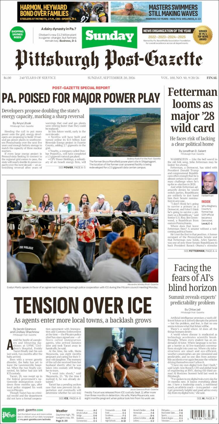 Portada de Pittsburgh Post-Gazette (USA)