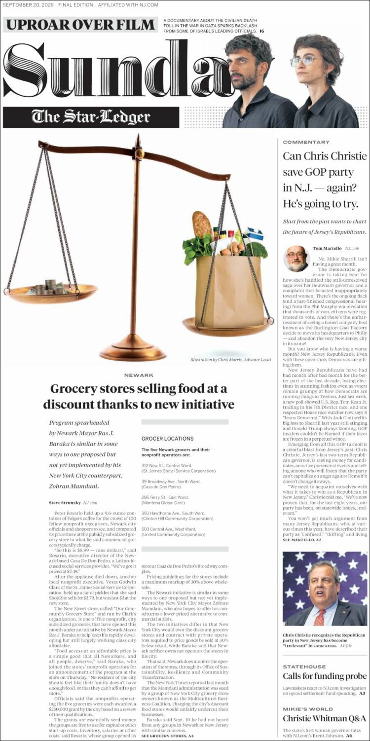 Portada de Star-Ledger (USA)