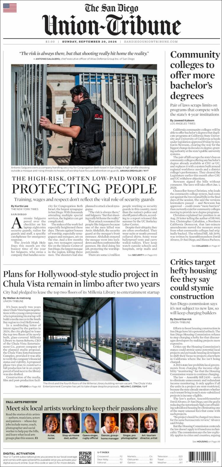 Portada de The San Diego Union-Tribune (&Eacute;tats-Unis)