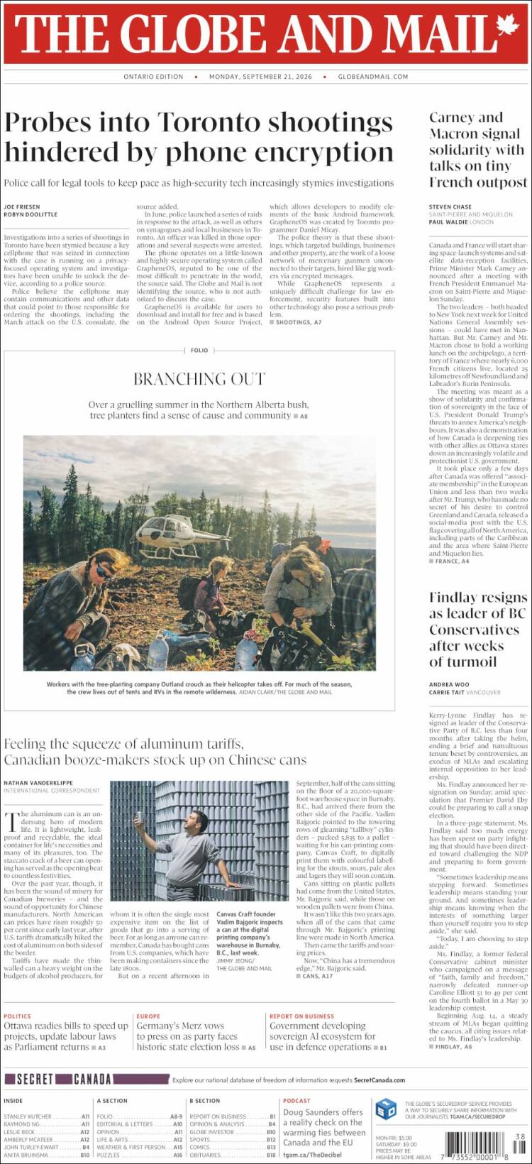 Portada de The Globe and Mail (Canad&aacute;)