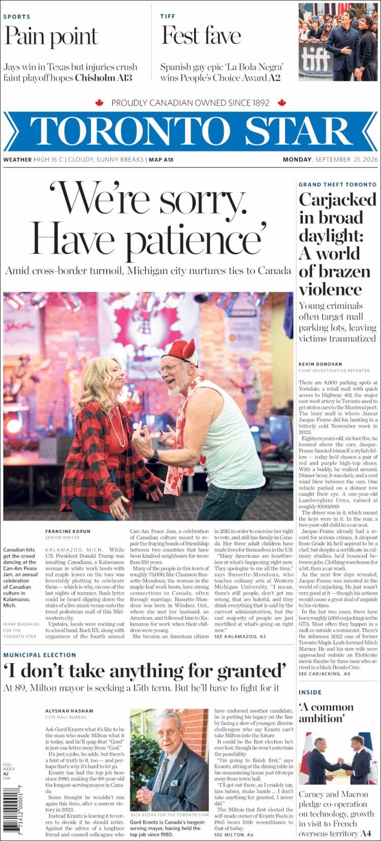 Portada de The Toronto Star (Canad&aacute;)