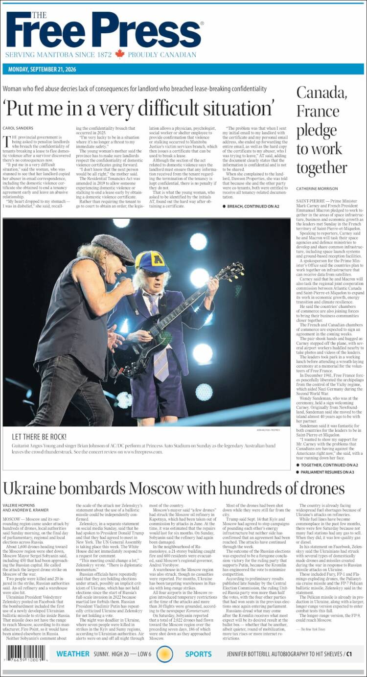 Portada de Winnipeg Free Press (Canad&aacute;)