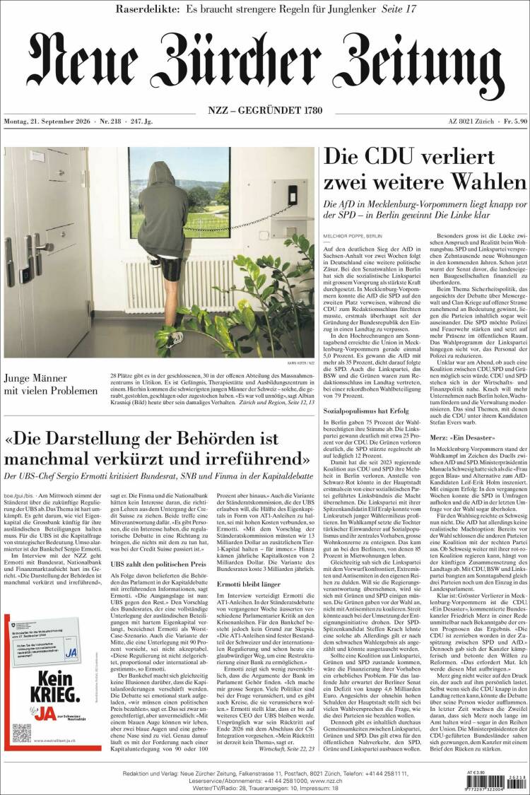 Portada de Neue Zürcher Zeitung (Suiza)