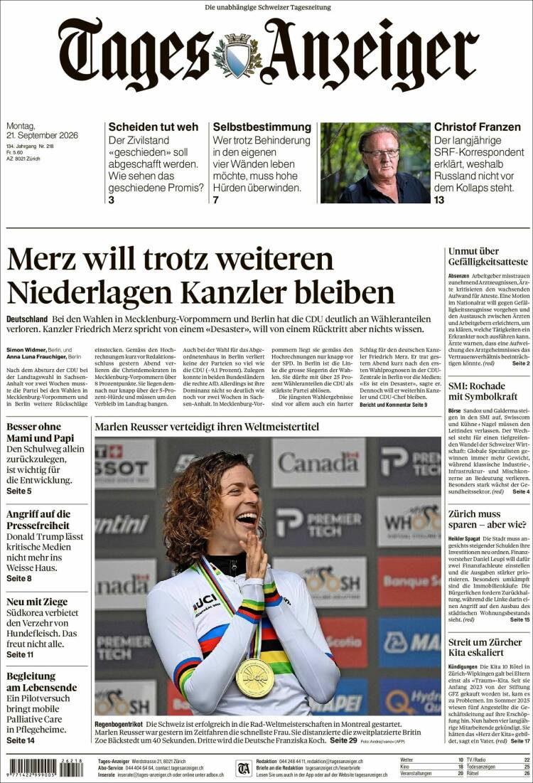 Portada de Tages-Anzeiger (Suiza)