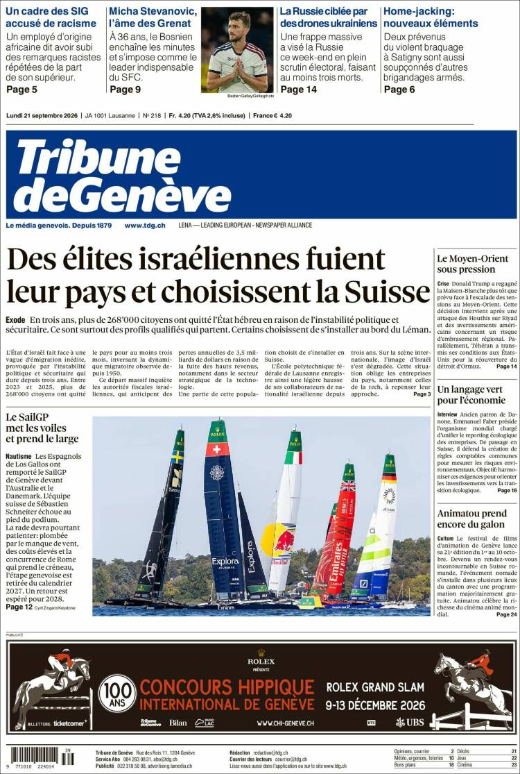 Portada de La Tribune de Genève (Suiza)