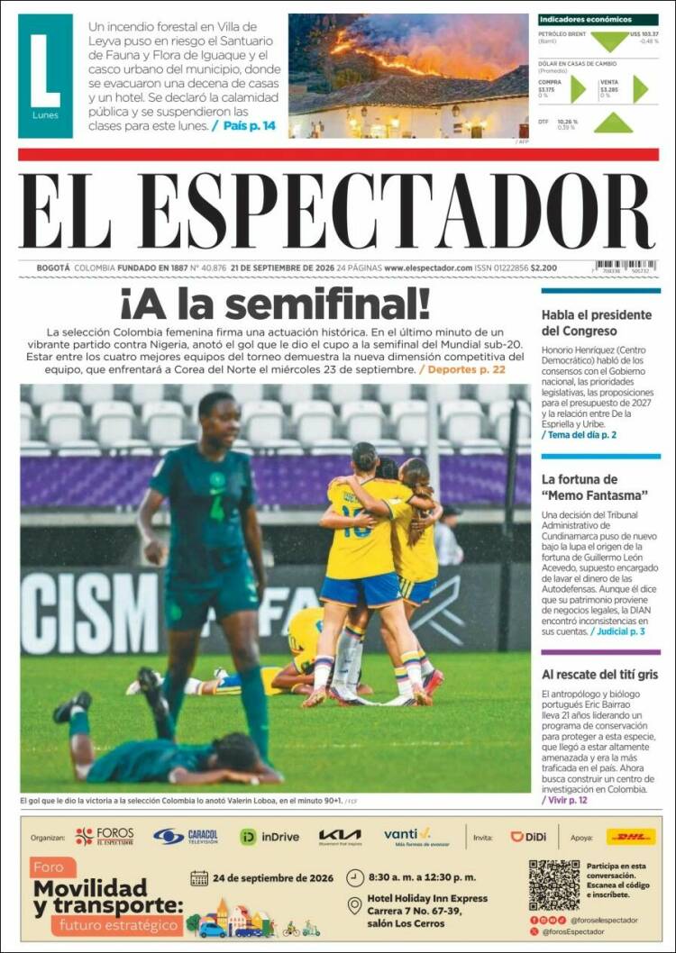Portada de El Espectador (Colombia)