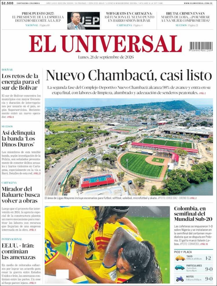 Portada de El Universal (Colombia)