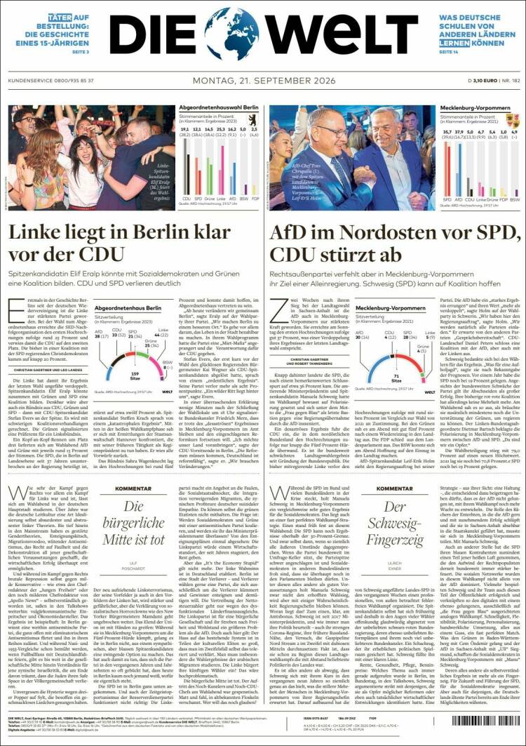 Portada de Die Welt (Alemania)