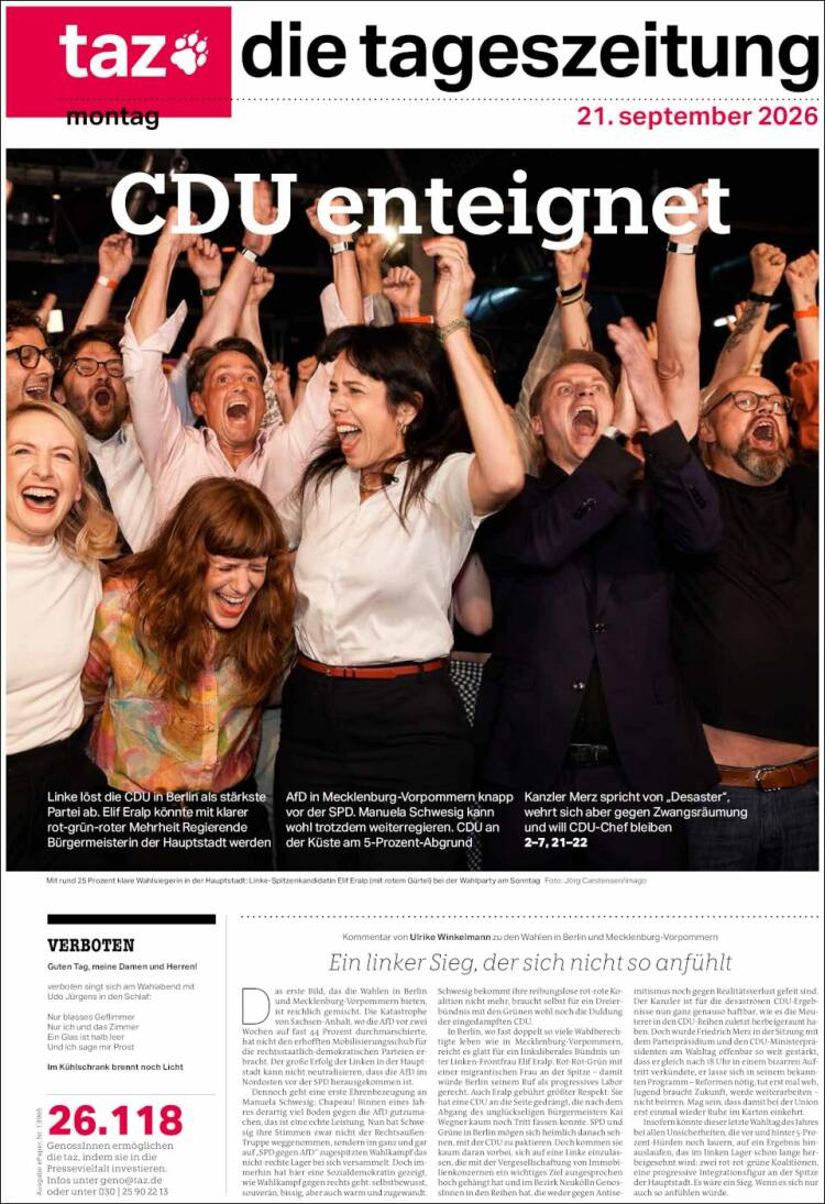 Portada de Die Tageszeitung (Alemania)