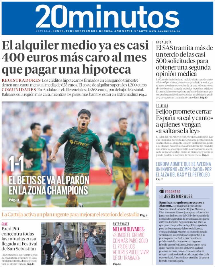 Portada de 20 Minutos - Sevilla (Espa&ntilde;a)