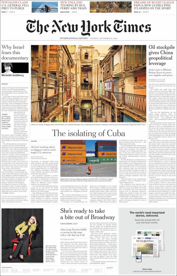 Portada de International New York Times (Europa)