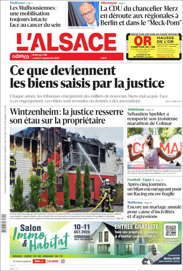 Portada de Journal L'Alsace (Francia)