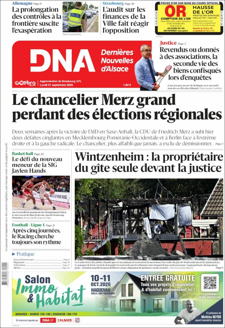 Portada de Les Dernières Nouvelles d'Alsace (Francia)