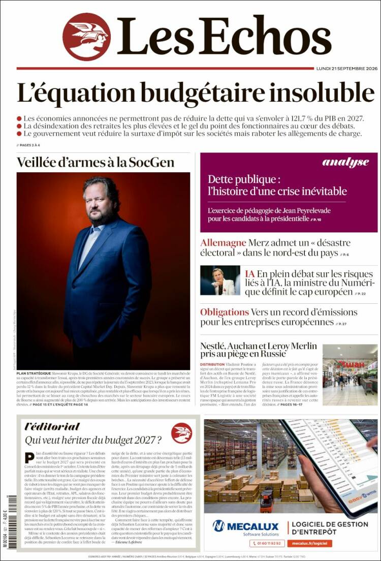 Portada de Les Echos (Francia)
