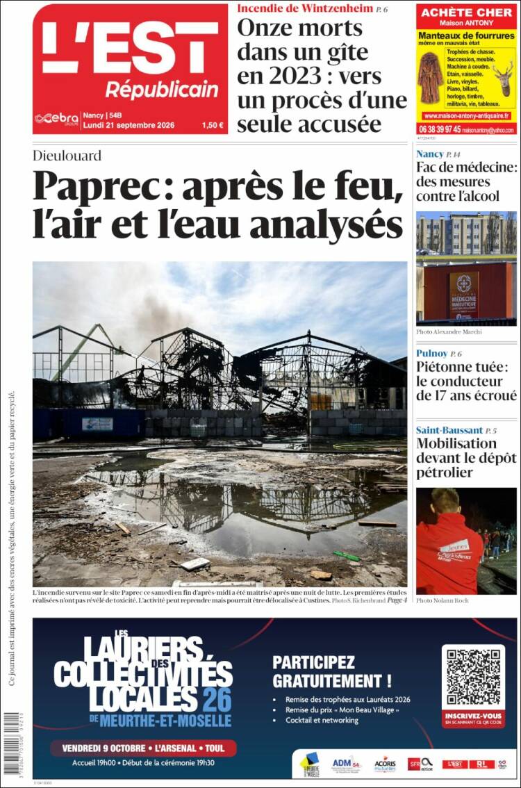 Portada de L'Est Republicain (Francia)