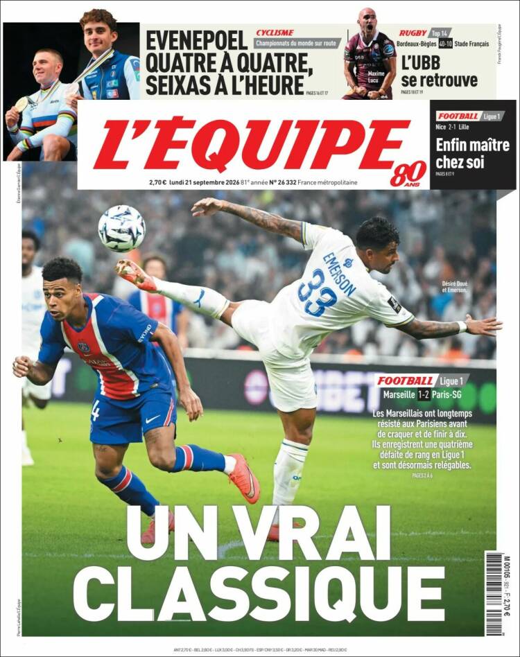 Portada de L'Equipe (Francia)