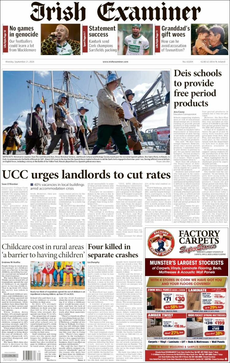 Portada de Irish Examiner (Irlanda)