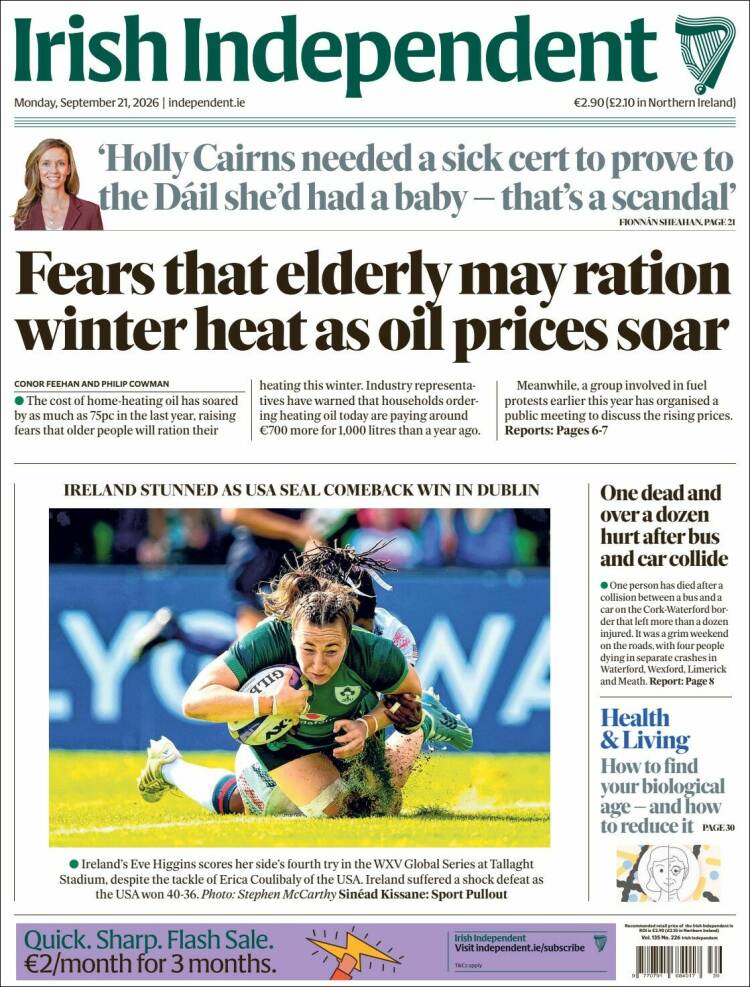 Portada de Irish Independent (Irlanda)
