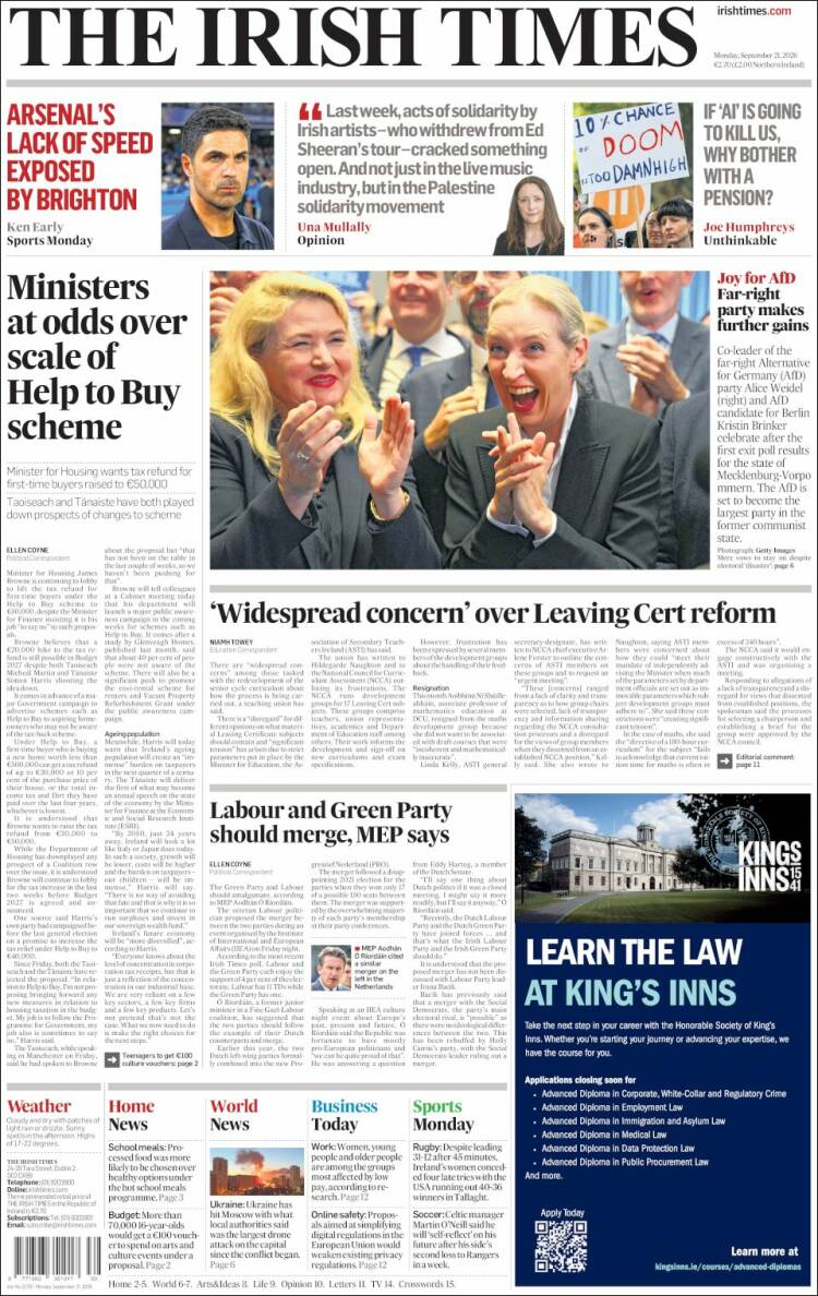 Portada de Irish Times (Irlanda)