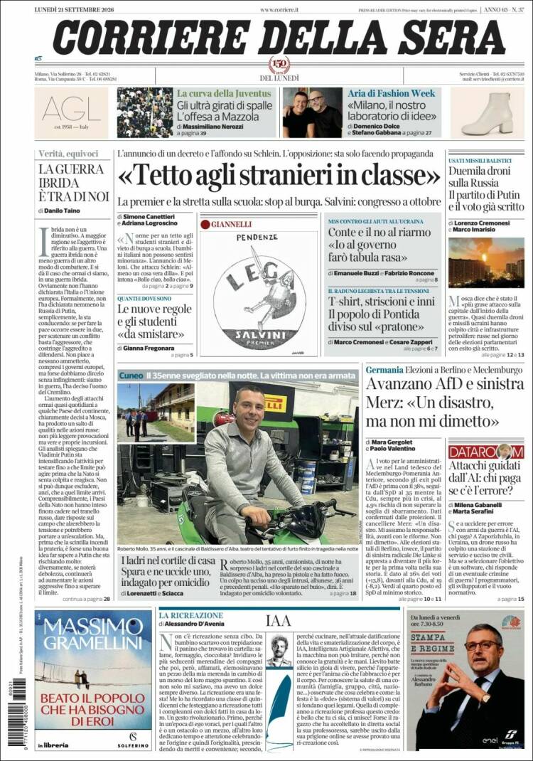 Portada de Corriere della Sera (Italia)