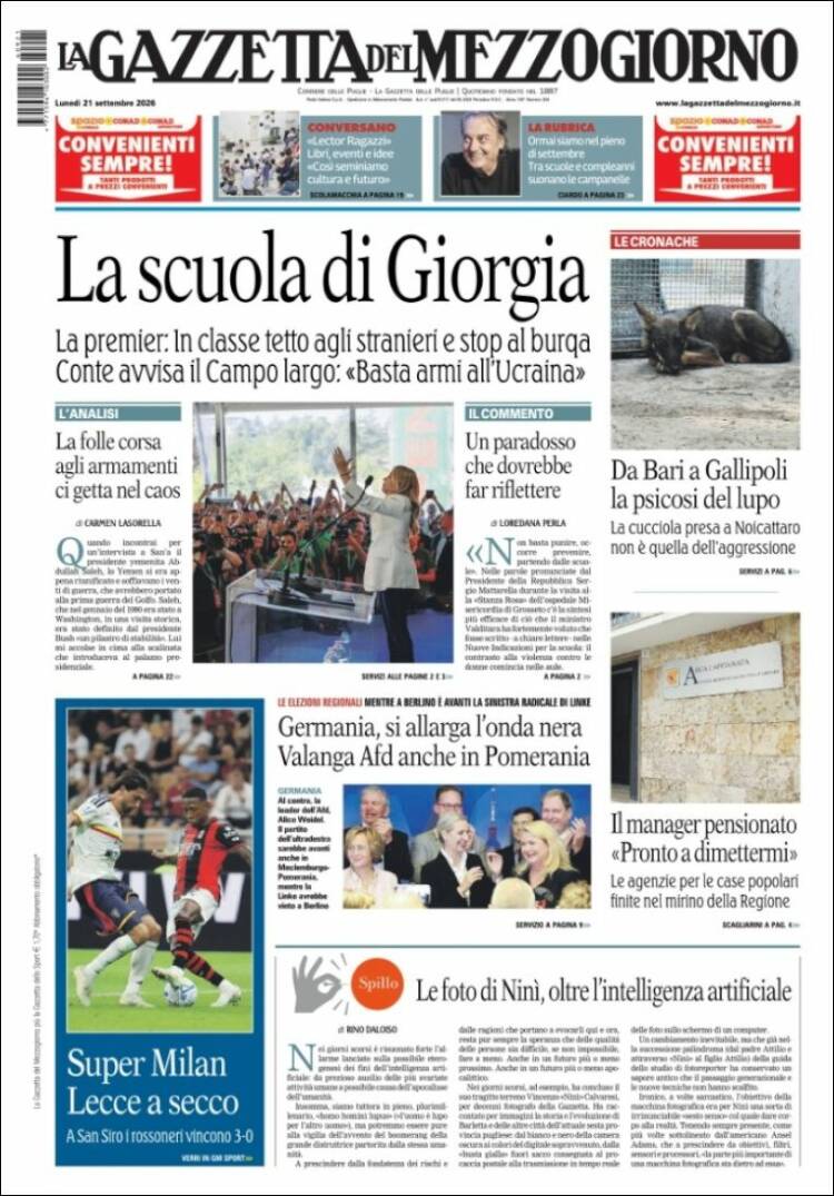 Portada de La Gazzetta del Mezzogiorno (Italia)