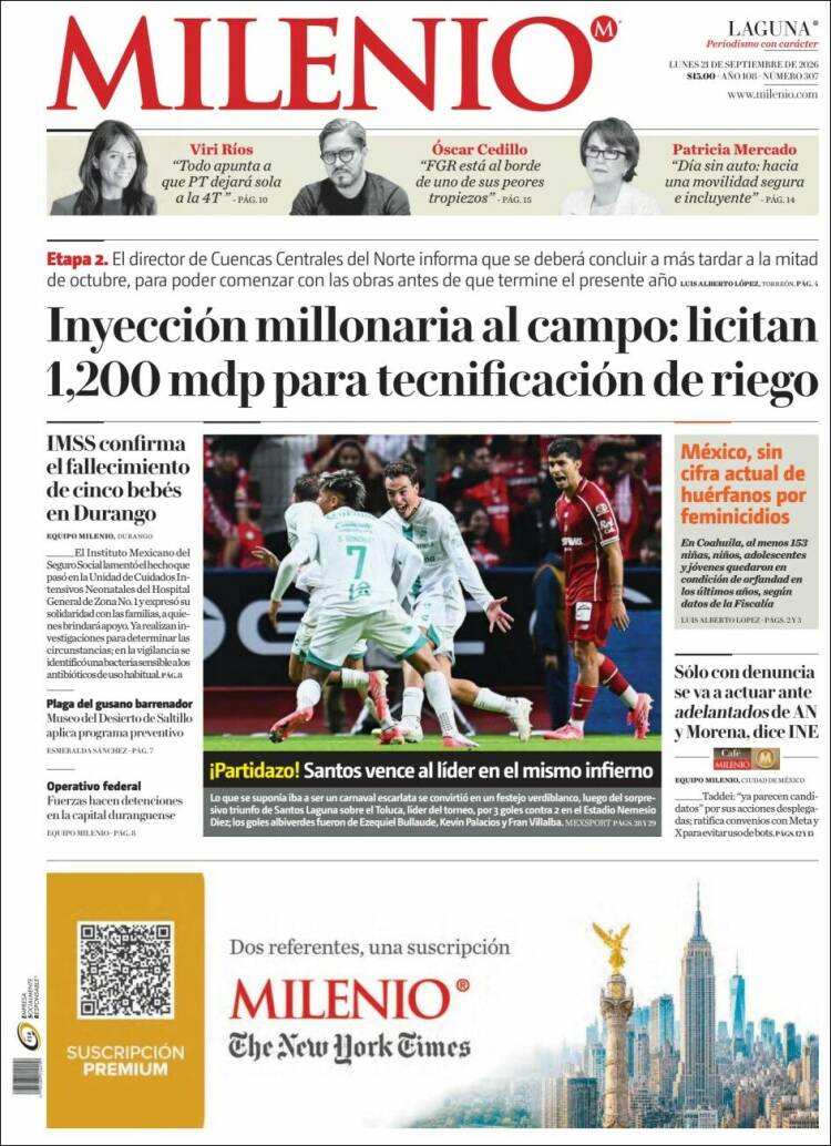 Portada de Milenio - Laguna (M&eacute;xico)