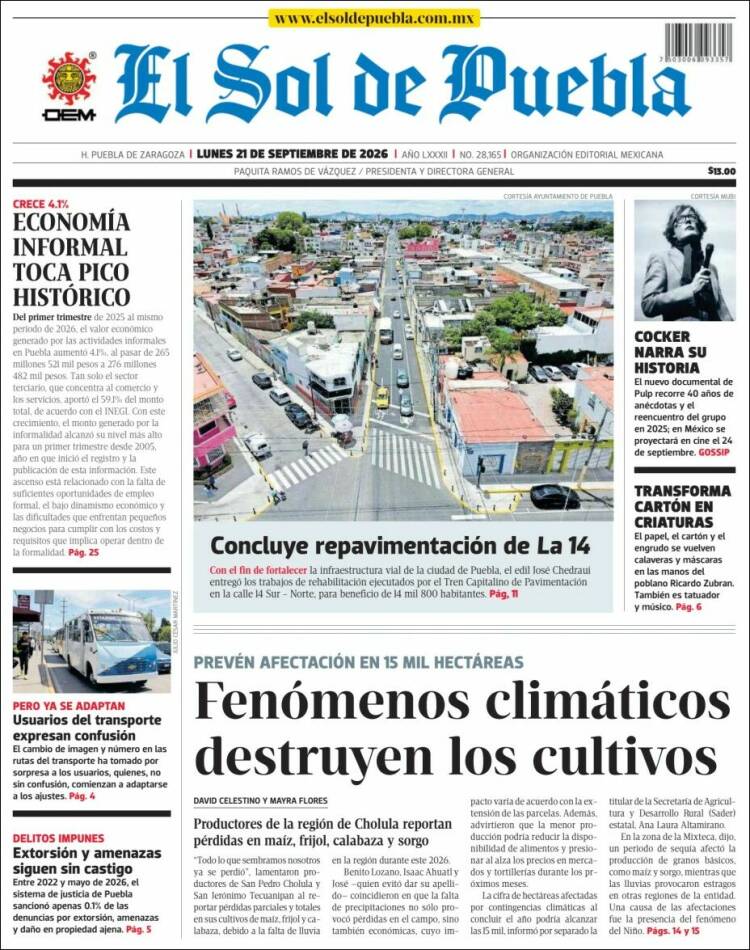 Portada de El Sol de Puebla (M&eacute;xico)