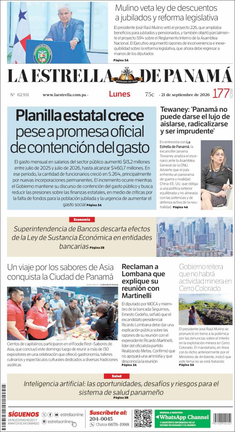 Portada de La Estrella de Panamá (Panama)