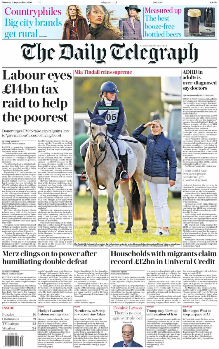 Portada de Daily Telegraph (Reino Unido)