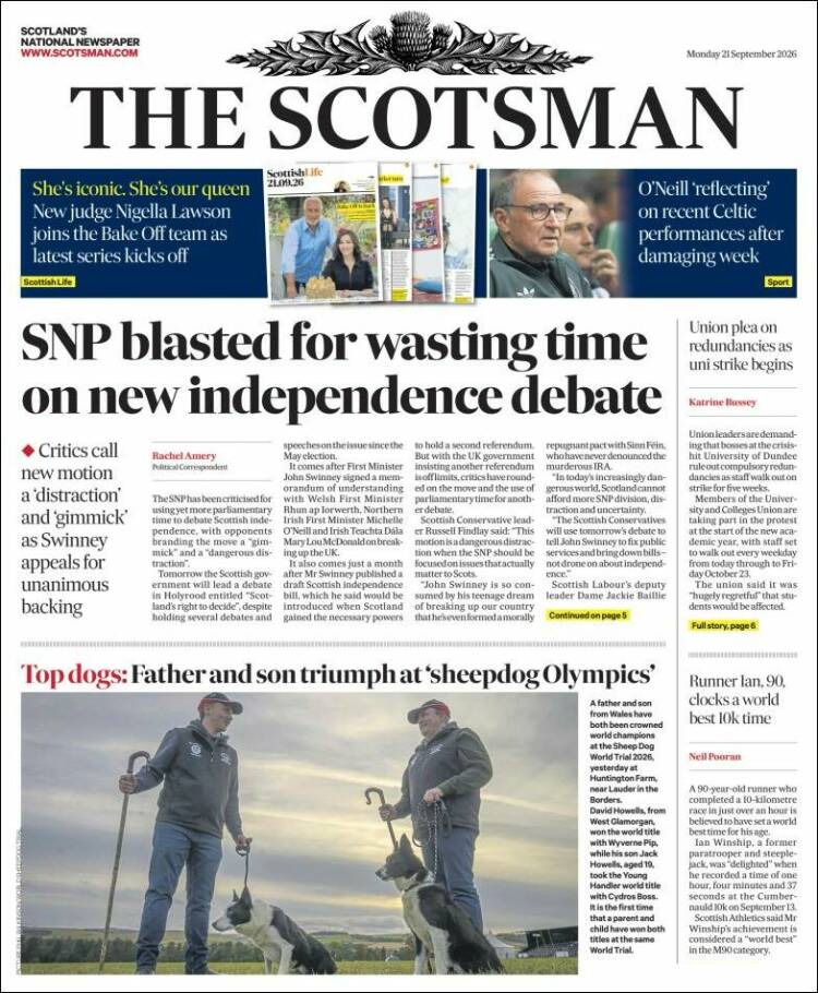 Portada de The Scotsman (Reino Unido)
