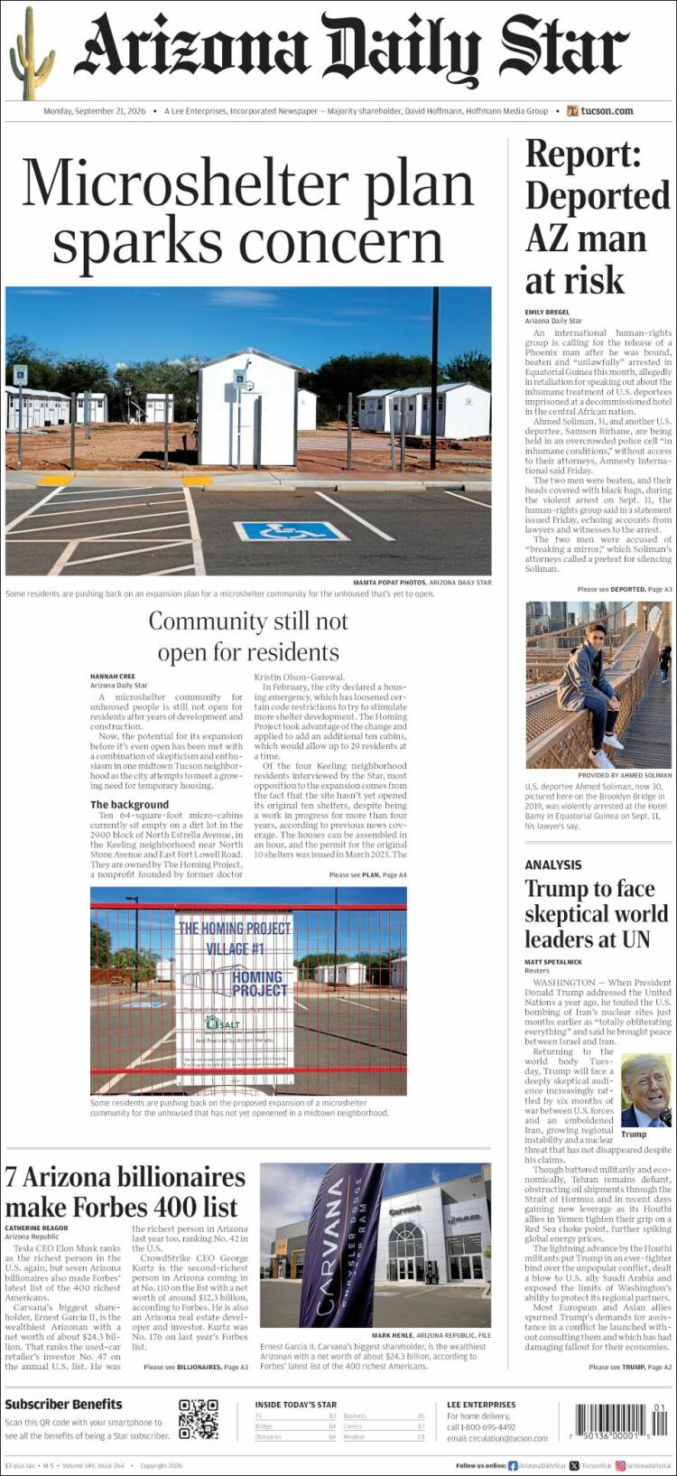 Portada de Arizona Daily Star (USA)