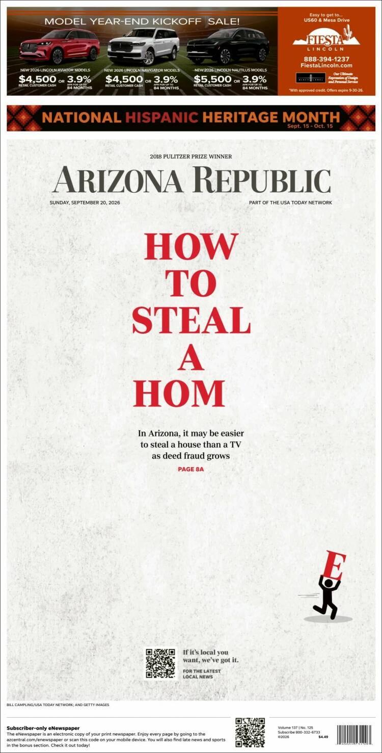 Portada de Arizona Republic News (USA)