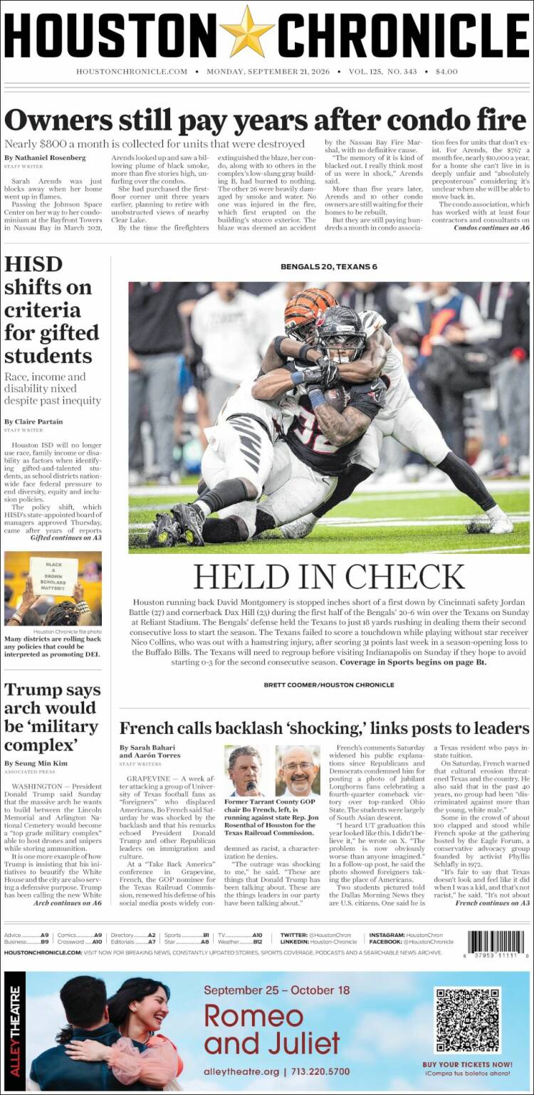 Portada de Houston Chronicle (USA)