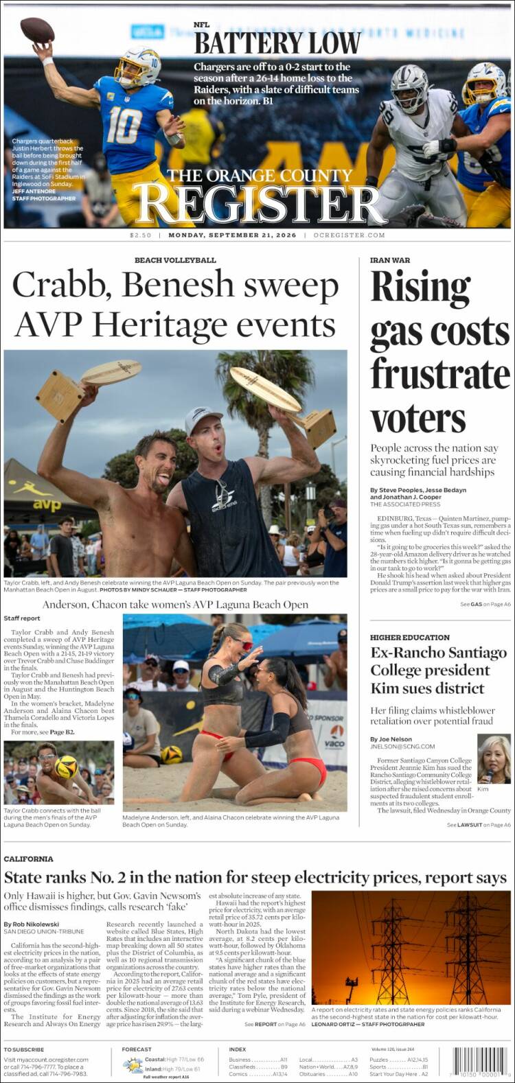 Portada de The Orange County Register (USA)